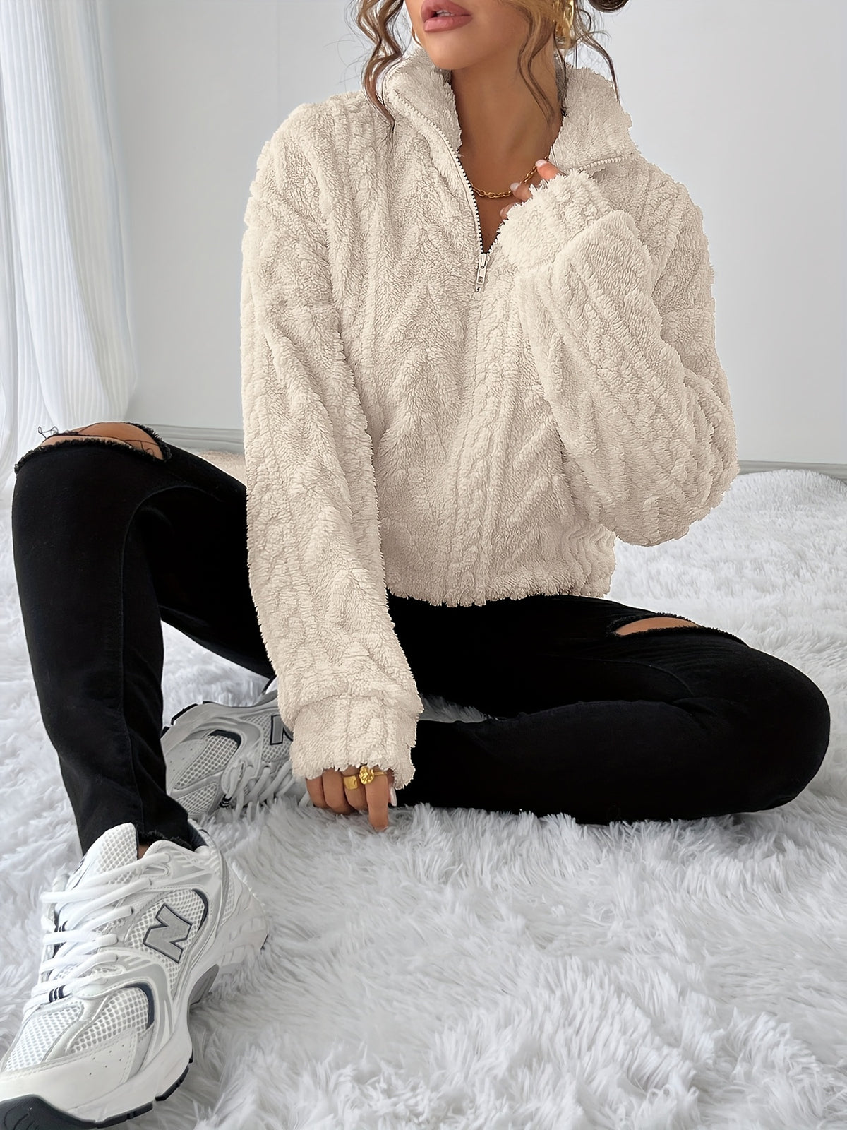 Antonia | Damen Teddy Sweatshirt mit Stehkragen und Reißverschluss