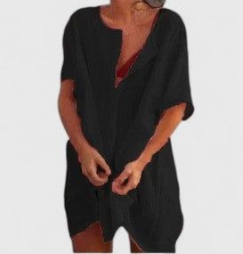 Magdalena | Damen Midikleid Tunika V-Neck Kurzarm Sommer