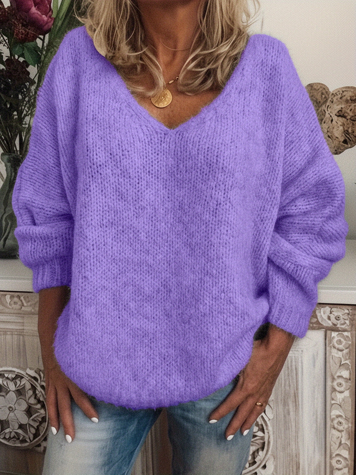 Julia | Damen Oversized Strickpullover mit V-Ausschnitt