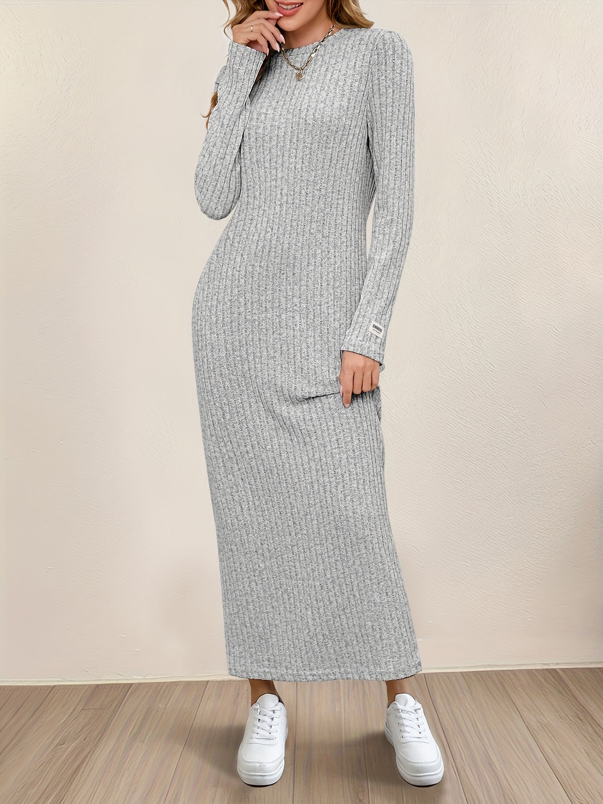 Lilian | Damen Maxikleid Rundhalsausschnitt Langarm Geripptes Design