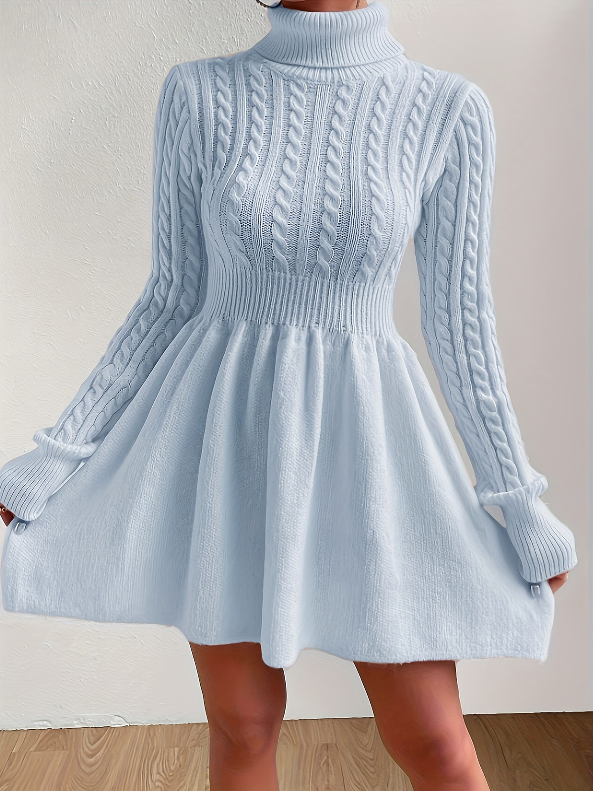 Leontine | Damen Zopfmuster Strickkleid A-Linie Rollkragen