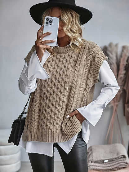 Inka | Damen Zopfmuster Strickweste oversized mit Rundhals