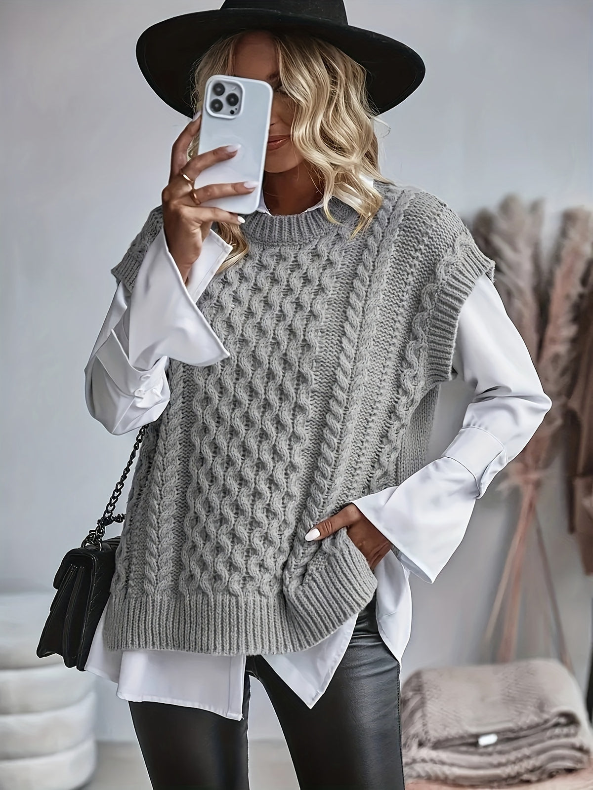 Inka | Damen Zopfmuster Strickweste oversized mit Rundhals