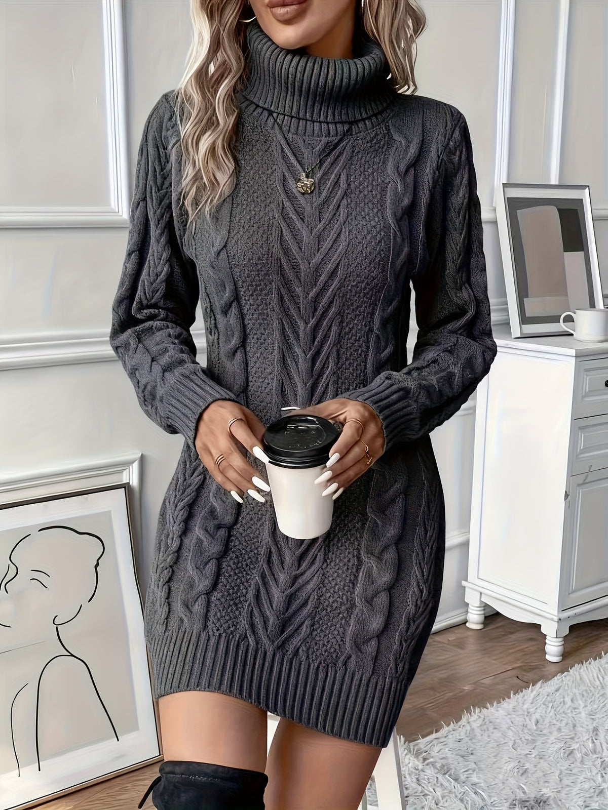 Kristin | Damen Zopfmuster Strickkleid mit Rollkragen