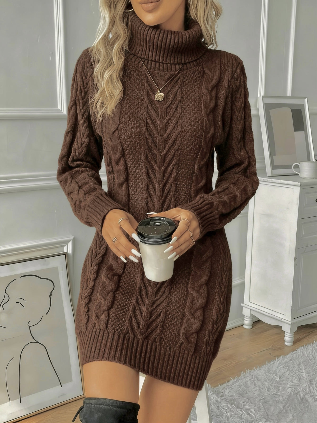 Kristin | Damen Zopfmuster Strickkleid mit Rollkragen