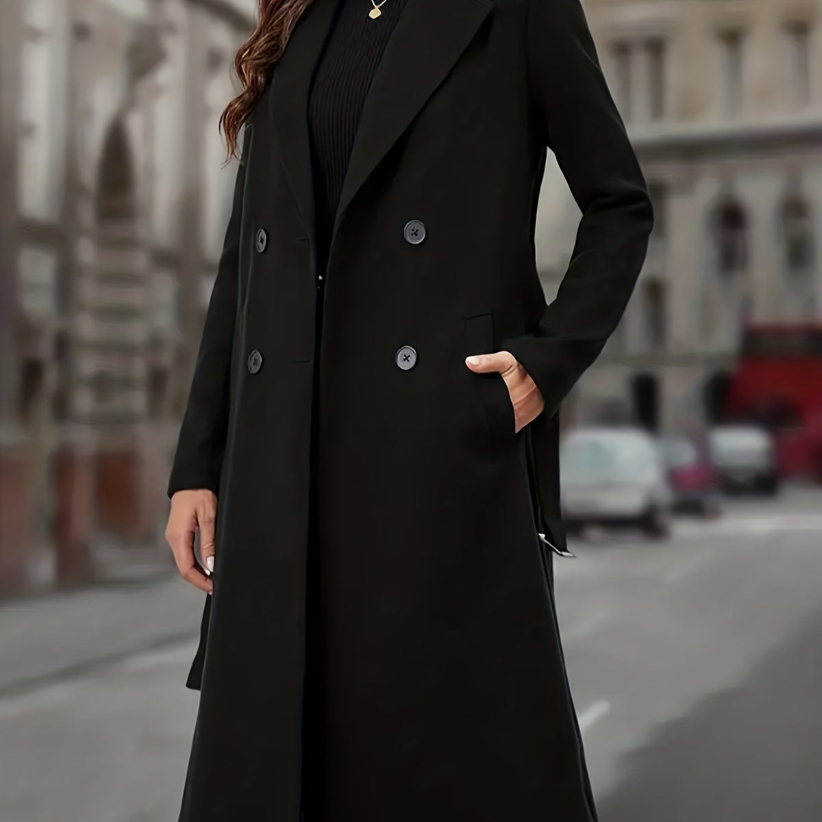 Kaia | Zweireihiger Langer Mantel mit Taschen für Damen