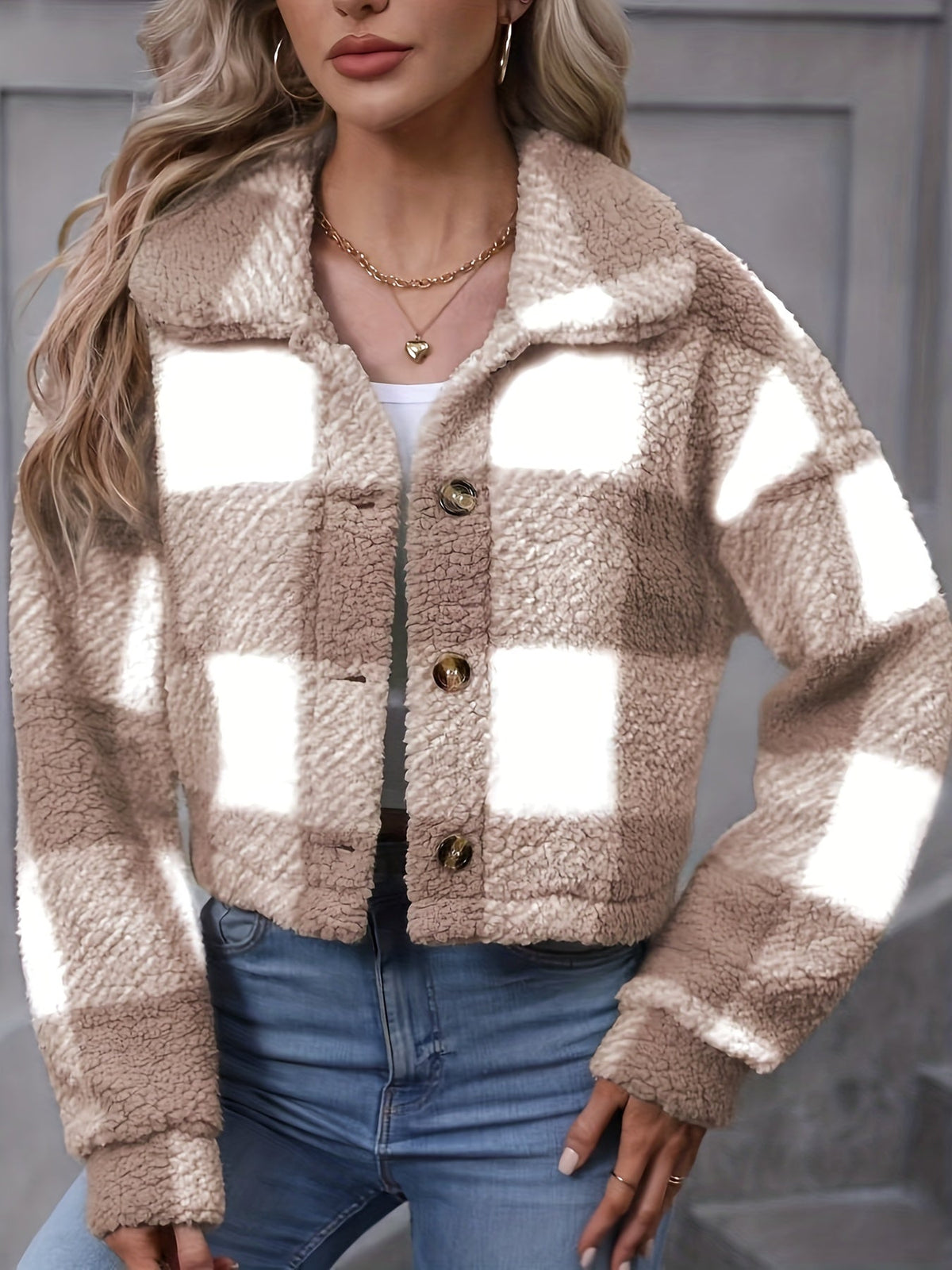 Ludivine | Damen Karo Jacke Kurz mit Knopfleiste und Stehkragen