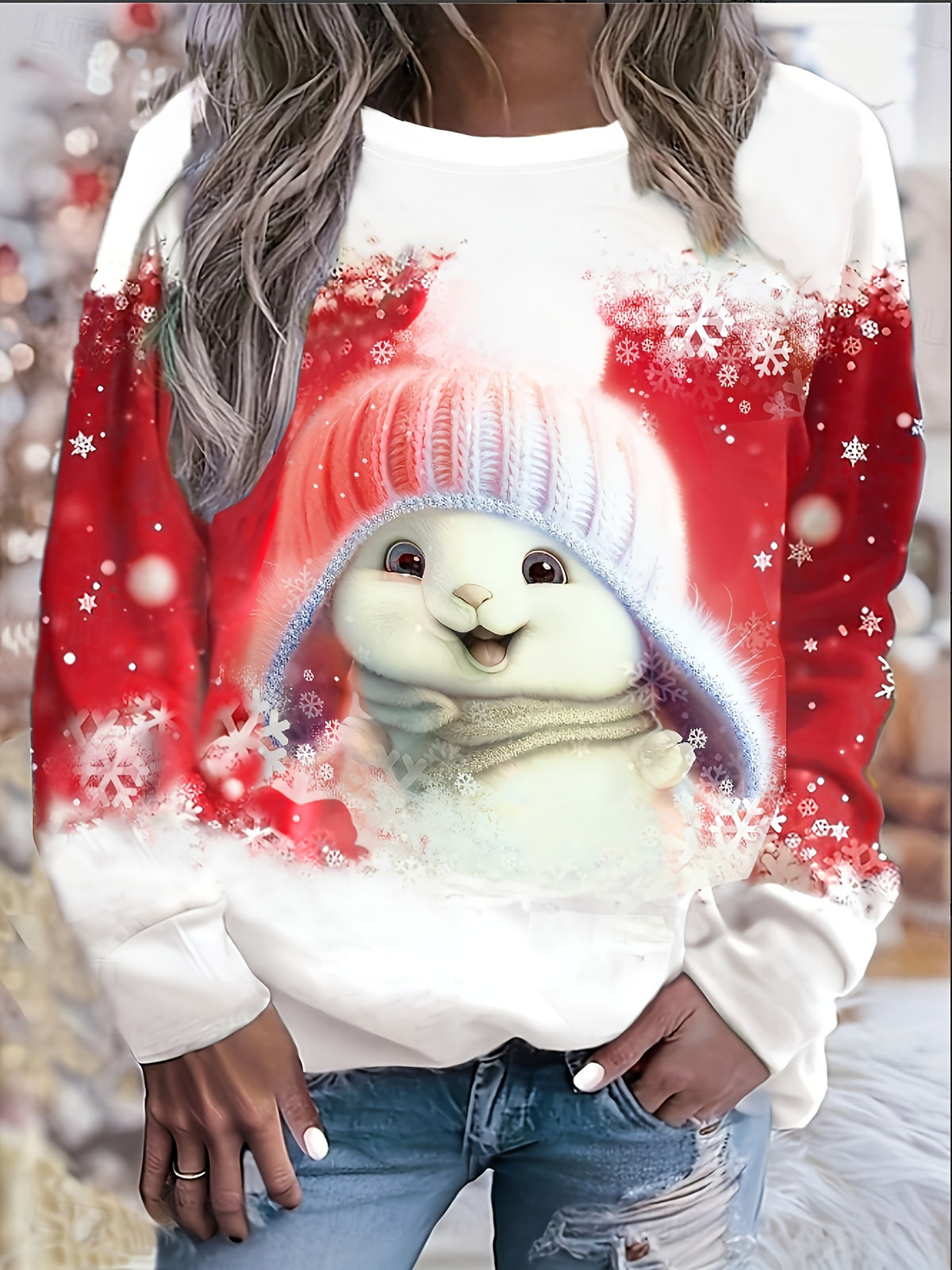 Alix | Weihnachtspullover mit Schneemann-Print Rundhals Damen