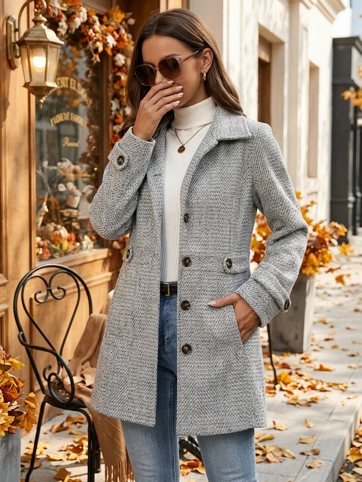 Karin | Taillierter Fischgrät-Mantel mit Knopfleiste und Taschen für Damen