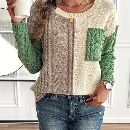 Lynn | Damen Zopfmuster Strickpullover mit Colorblock-Design Rundhals