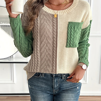 Lynn | Damen Zopfmuster Strickpullover mit Colorblock-Design Rundhals