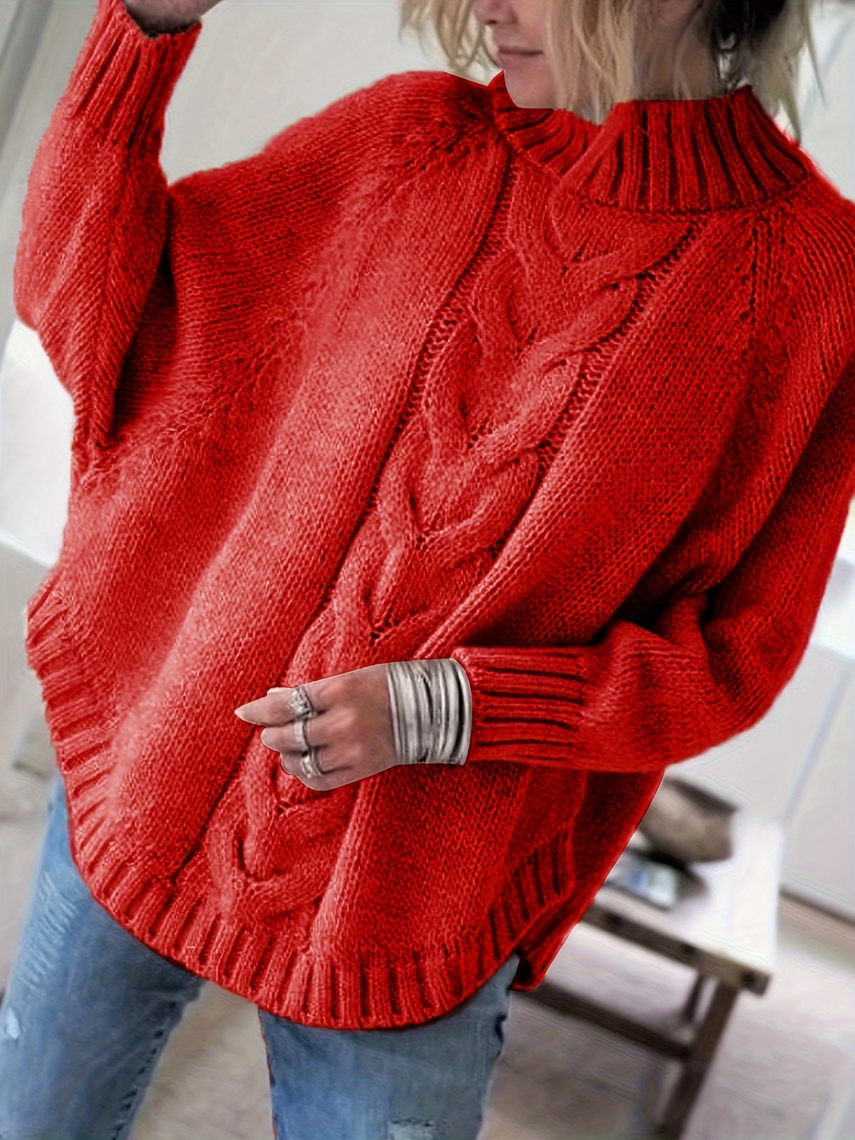 Isadora | Damen Zopfmuster Pullover mit Stehkragen Oversized