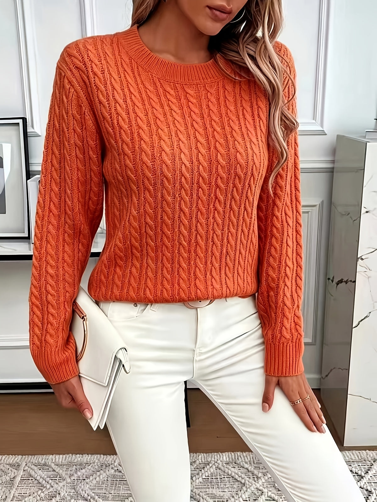 Jorien | Damen Zopfmuster Strickpullover Rundhalsausschnitt Oversized
