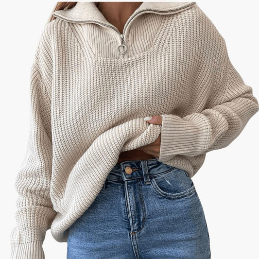 Lisbet | Gerippter Strickpullover mit halbem Reißverschluss für Damen