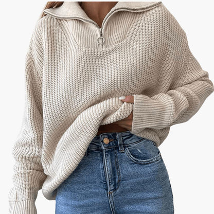 Lisbet | Gerippter Strickpullover mit halbem Reißverschluss für Damen