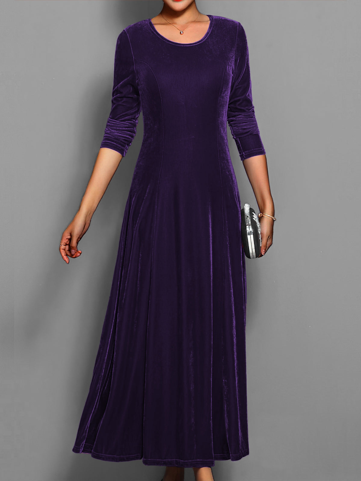 Leila | Elegantes Damen Samtkleid mit Rundhalsausschnitt Langarm