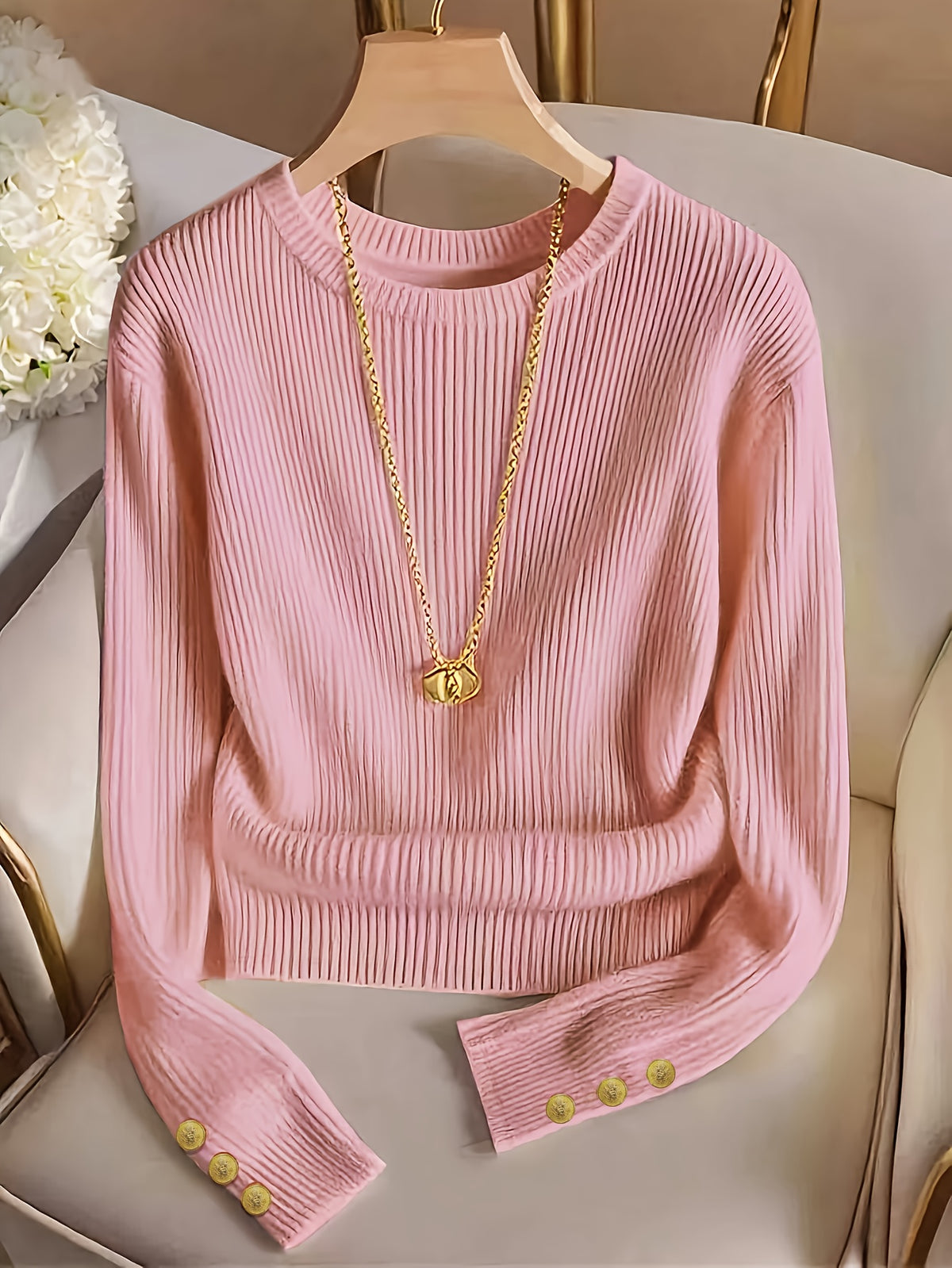 Jasmine | Damen Rippstrick Pullover mit Stehkragen, Knopfmanschetten
