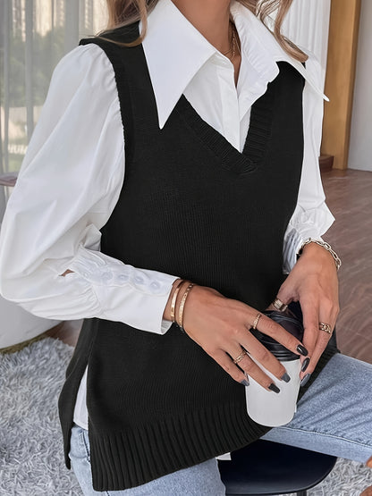 Isabel | Damen Strickweste im 2-in-1 Look mit V-Ausschnitt