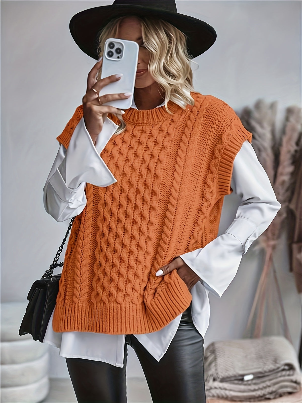 Inka | Damen Zopfmuster Strickweste oversized mit Rundhals