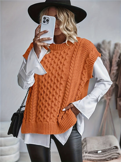 Inka | Damen Zopfmuster Strickweste oversized mit Rundhals