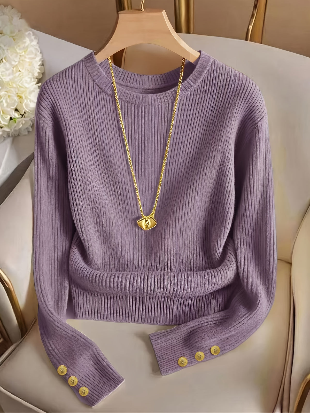Jasmine | Damen Rippstrick Pullover mit Stehkragen, Knopfmanschetten