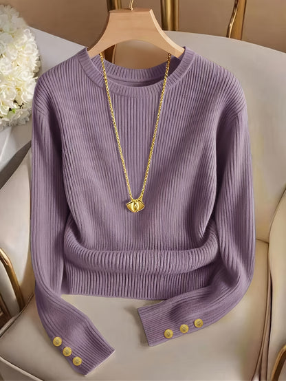 Jasmine | Damen Rippstrick Pullover mit Stehkragen, Knopfmanschetten