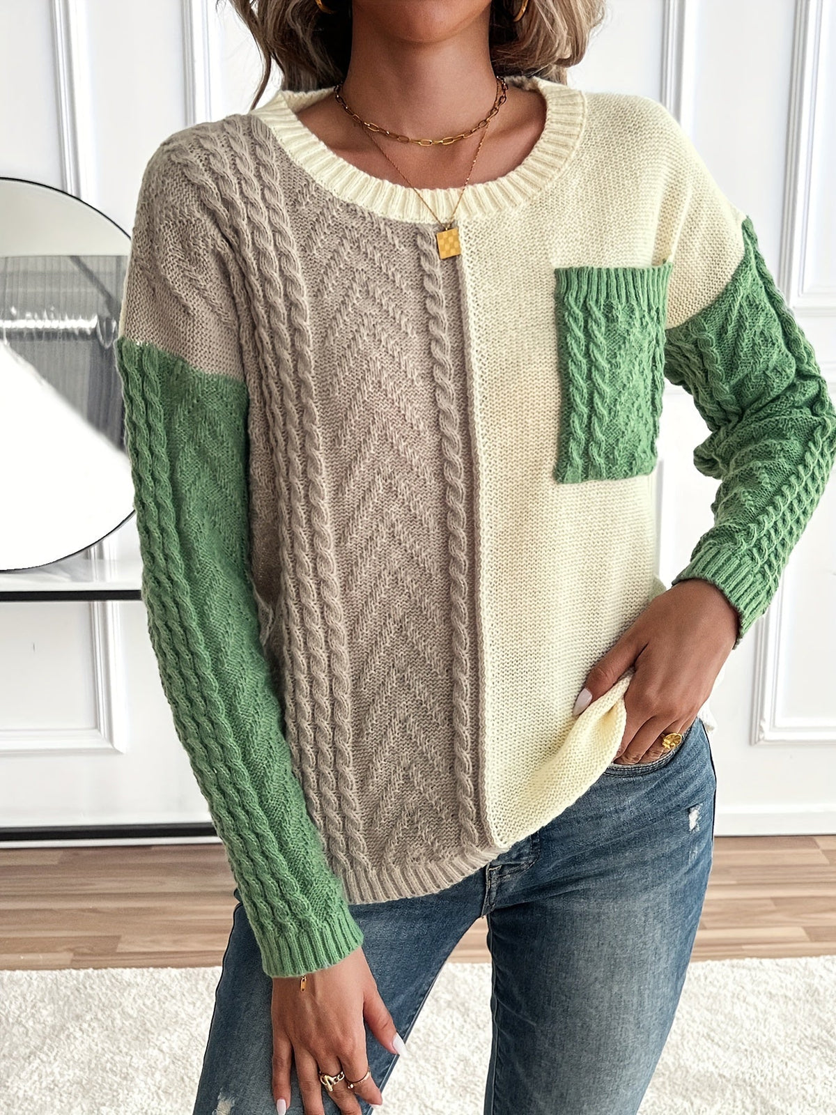 Lynn | Damen Zopfmuster Strickpullover mit Colorblock-Design Rundhals