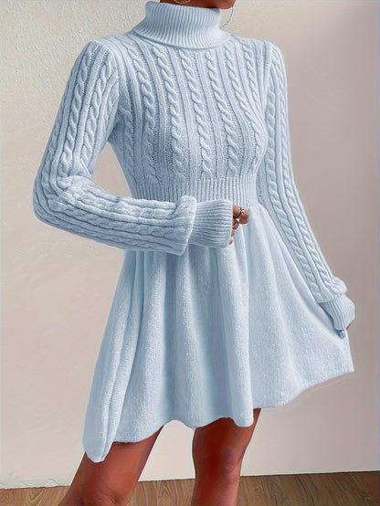 Leontine | Damen Zopfmuster Strickkleid A-Linie Rollkragen