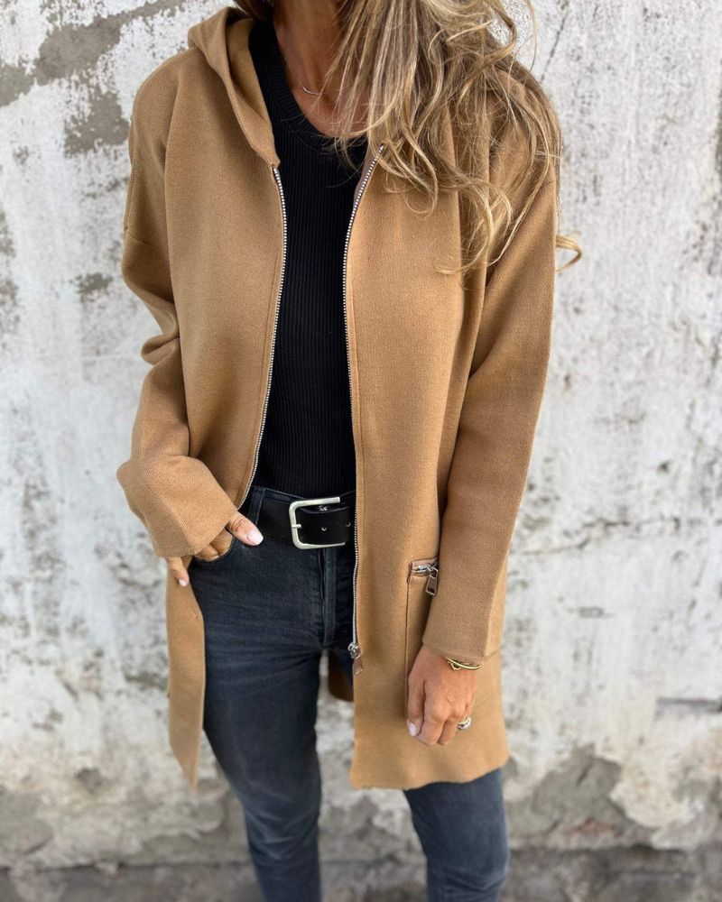 Nadja | Kapuzen-Strickjacke Damen mit Reißverschluss und langen Ärmeln