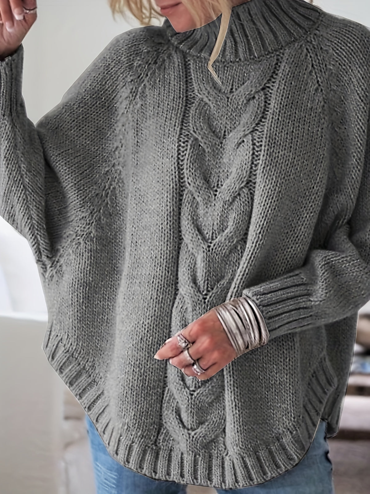 Isadora | Damen Zopfmuster Pullover mit Stehkragen Oversized