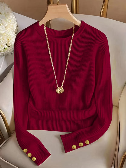 Jasmine | Damen Rippstrick Pullover mit Stehkragen, Knopfmanschetten