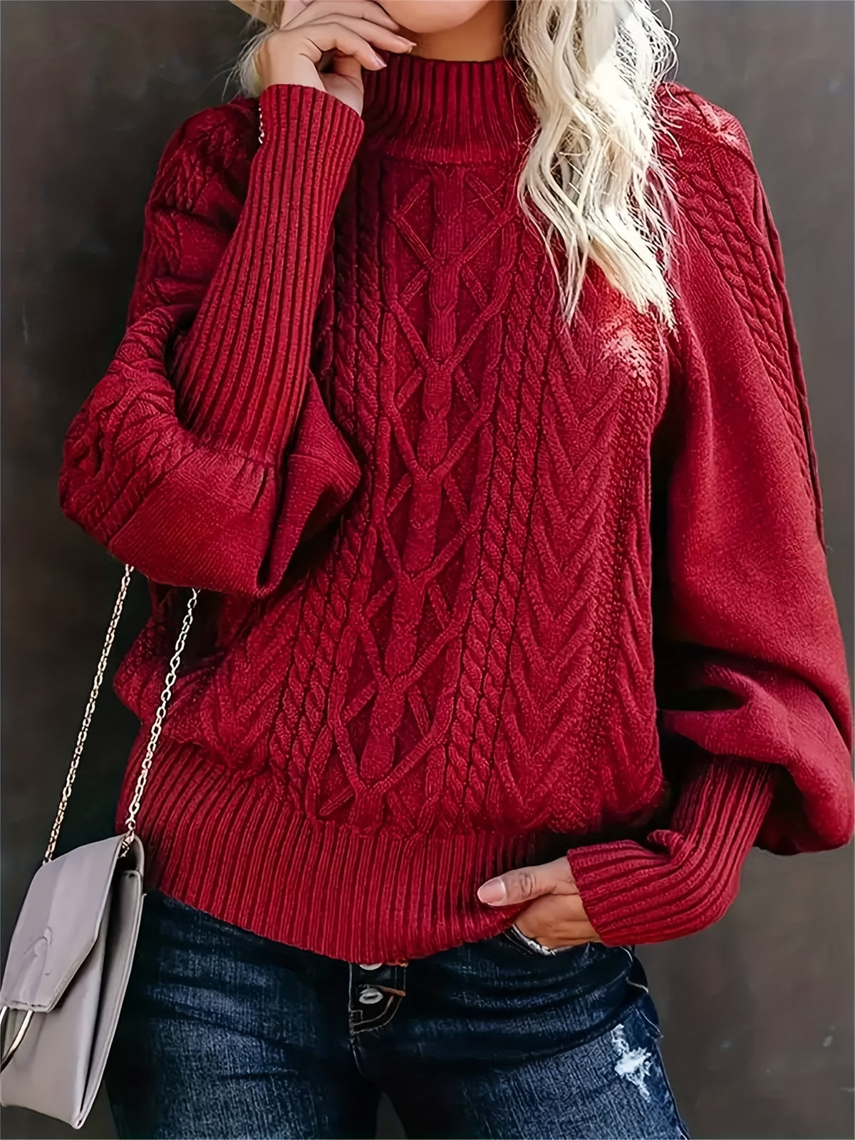 Katarina | Damen Zopfmuster Strickpullover mit Stehkragen Langarm