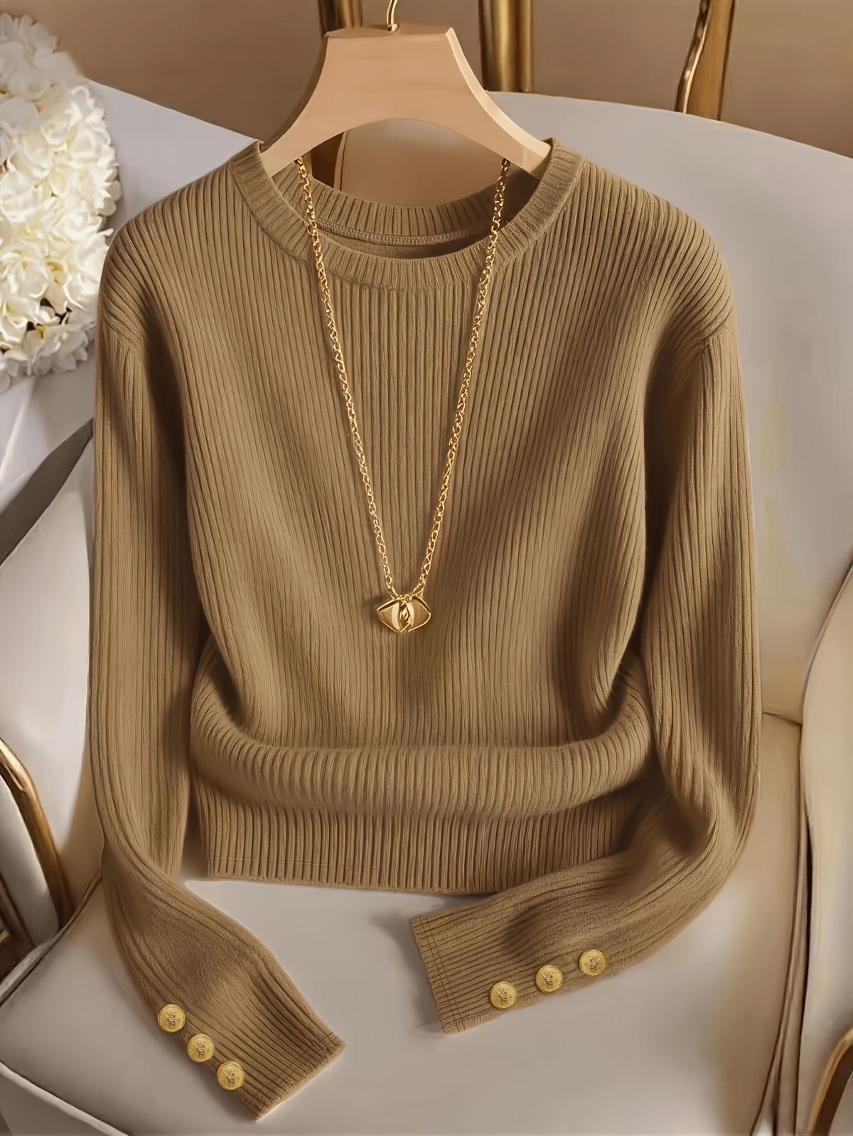 Jasmine | Damen Rippstrick Pullover mit Stehkragen, Knopfmanschetten