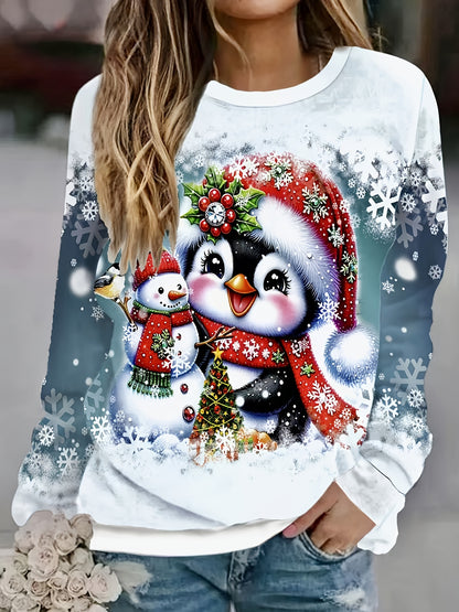 Alix | Weihnachtspullover mit Schneemann-Print Rundhals Damen
