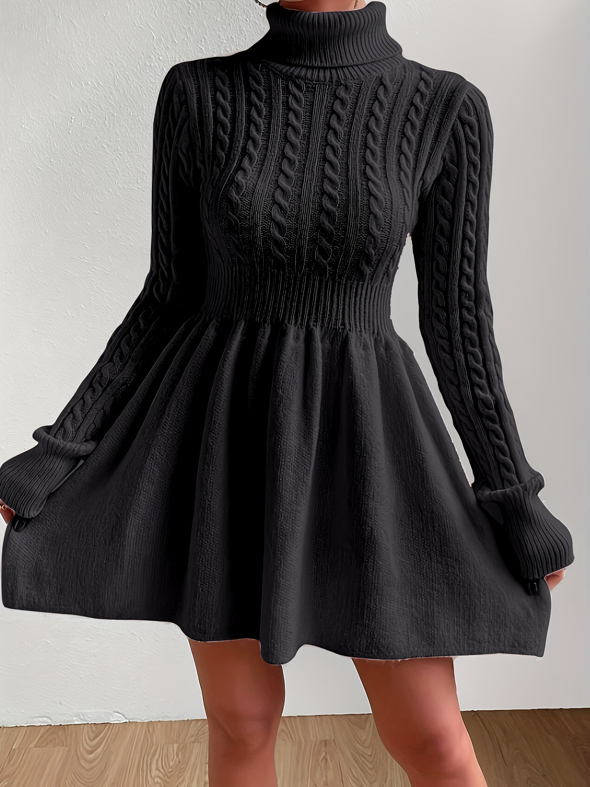Leontine | Damen Zopfmuster Strickkleid A-Linie Rollkragen