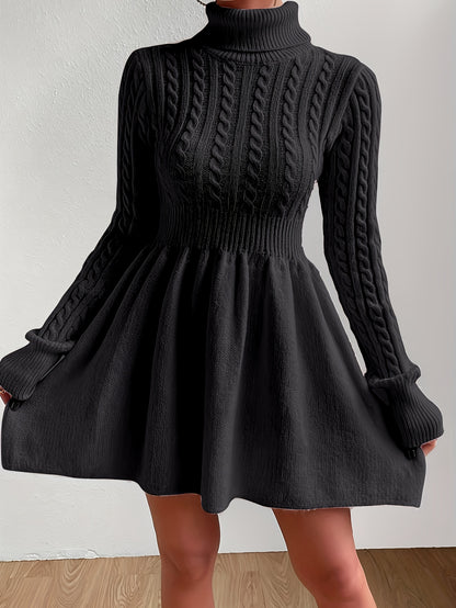Leontine | Damen Zopfmuster Strickkleid A-Linie Rollkragen
