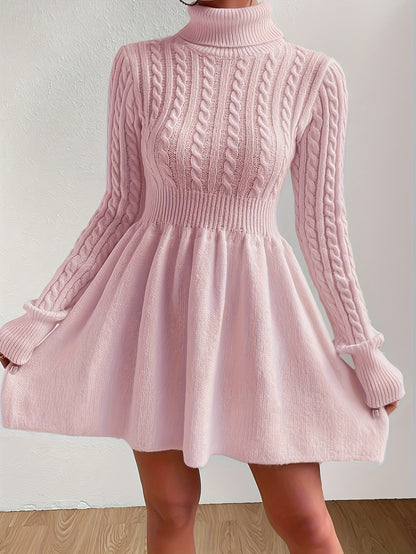 Leontine | Damen Zopfmuster Strickkleid A-Linie Rollkragen