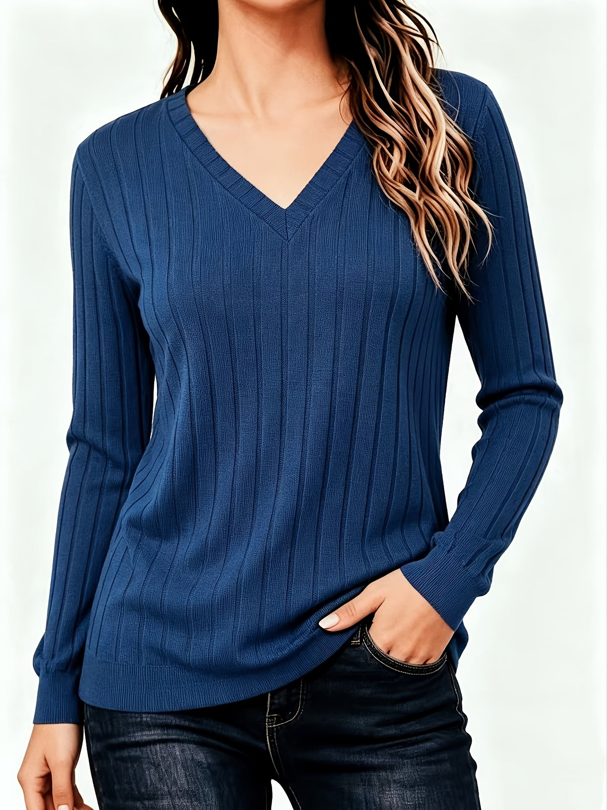 Katrine | Damen Rippstrick Pullover mit V-Ausschnitt Langarm