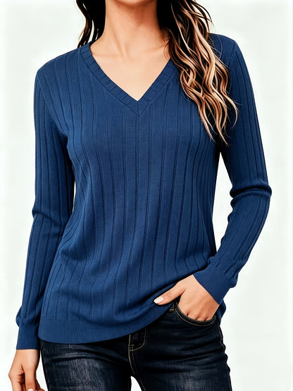 Katrine | Damen Rippstrick Pullover mit V-Ausschnitt Langarm