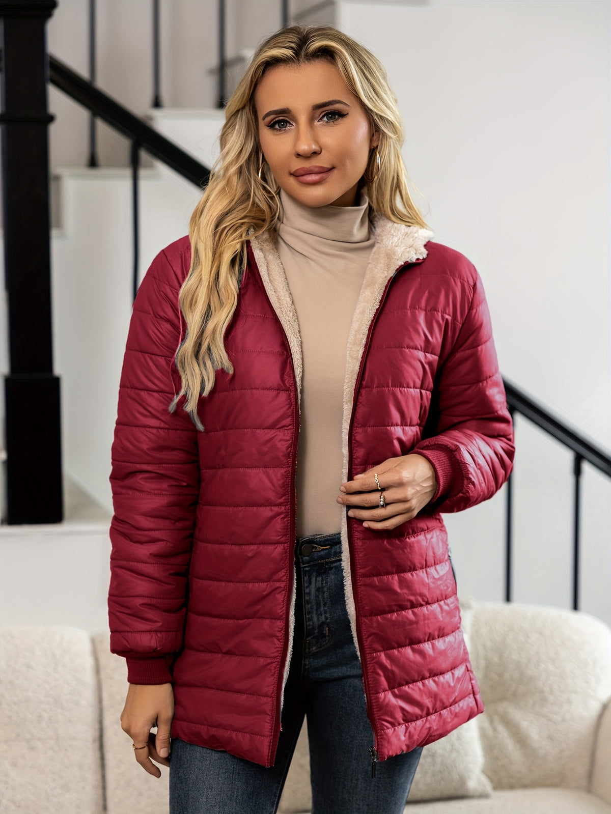 Aveline | Winterjacke Damen gesteppt mit Kapuze und Teddyfutter