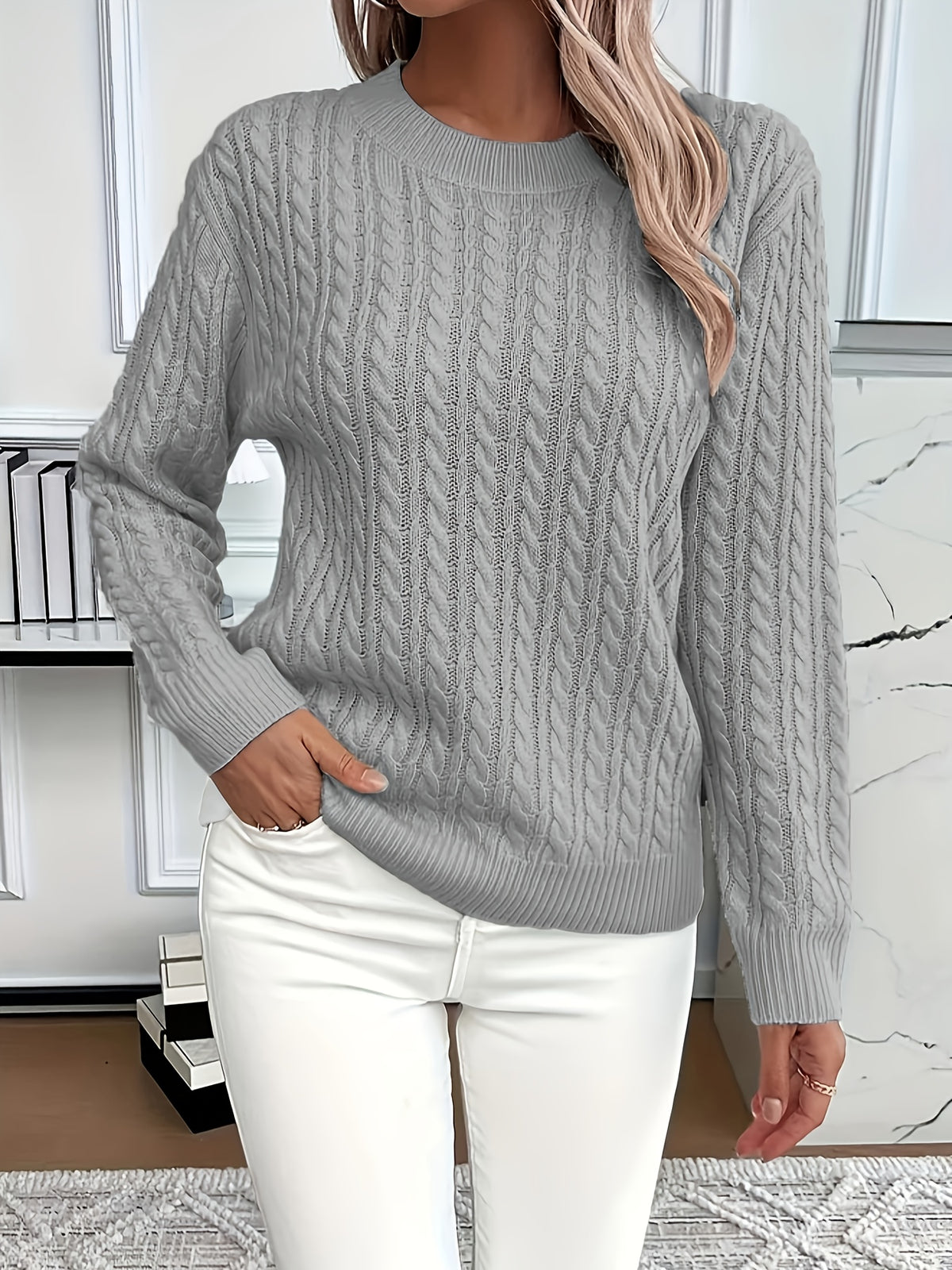 Jorien | Damen Zopfmuster Strickpullover Rundhalsausschnitt Oversized