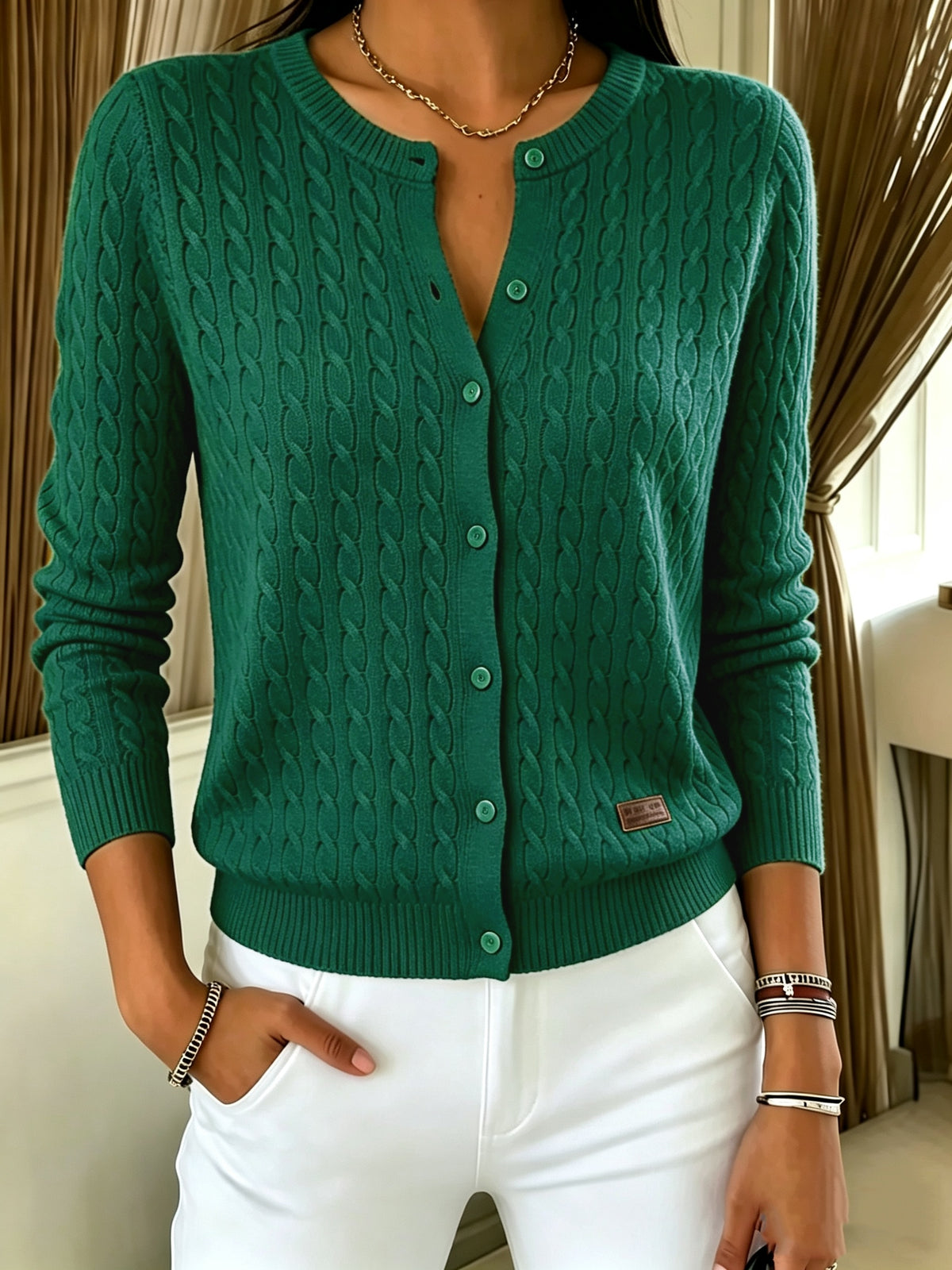 Elise | Damen Cardigan Zopfmuster Rundhals Knopfleiste