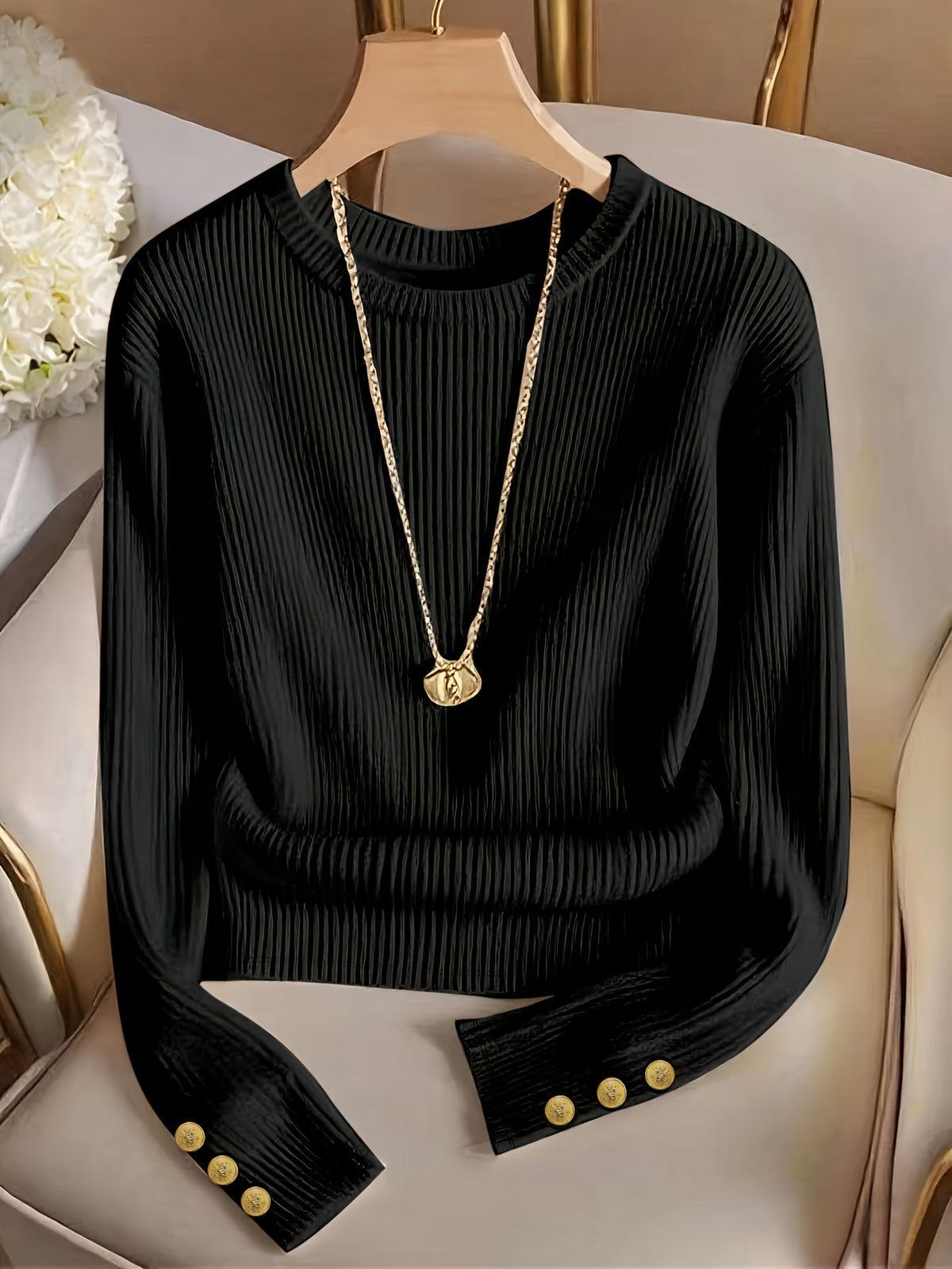 Jasmine | Damen Rippstrick Pullover mit Stehkragen, Knopfmanschetten