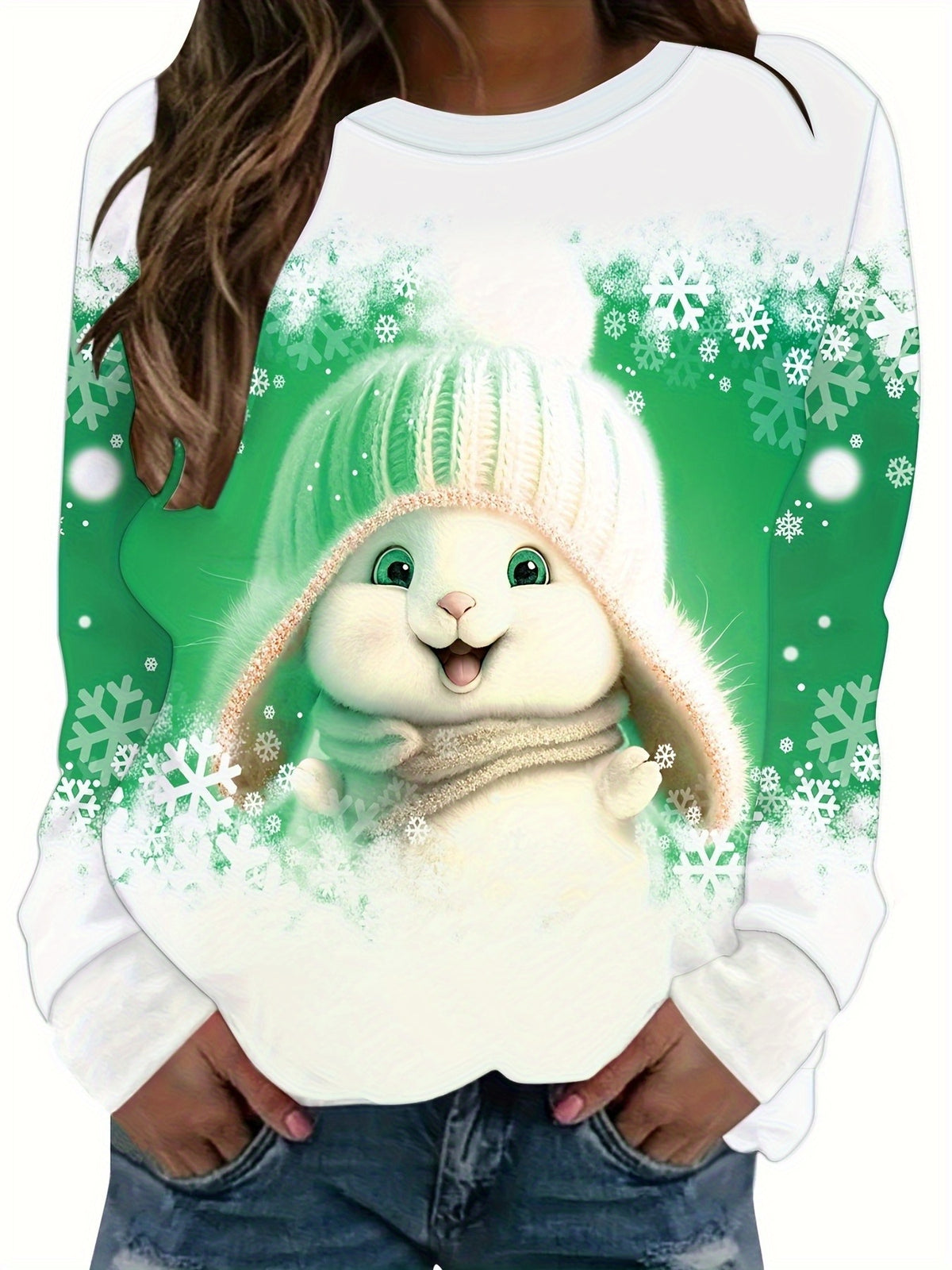 Alix | Weihnachtspullover mit Schneemann-Print Rundhals Damen