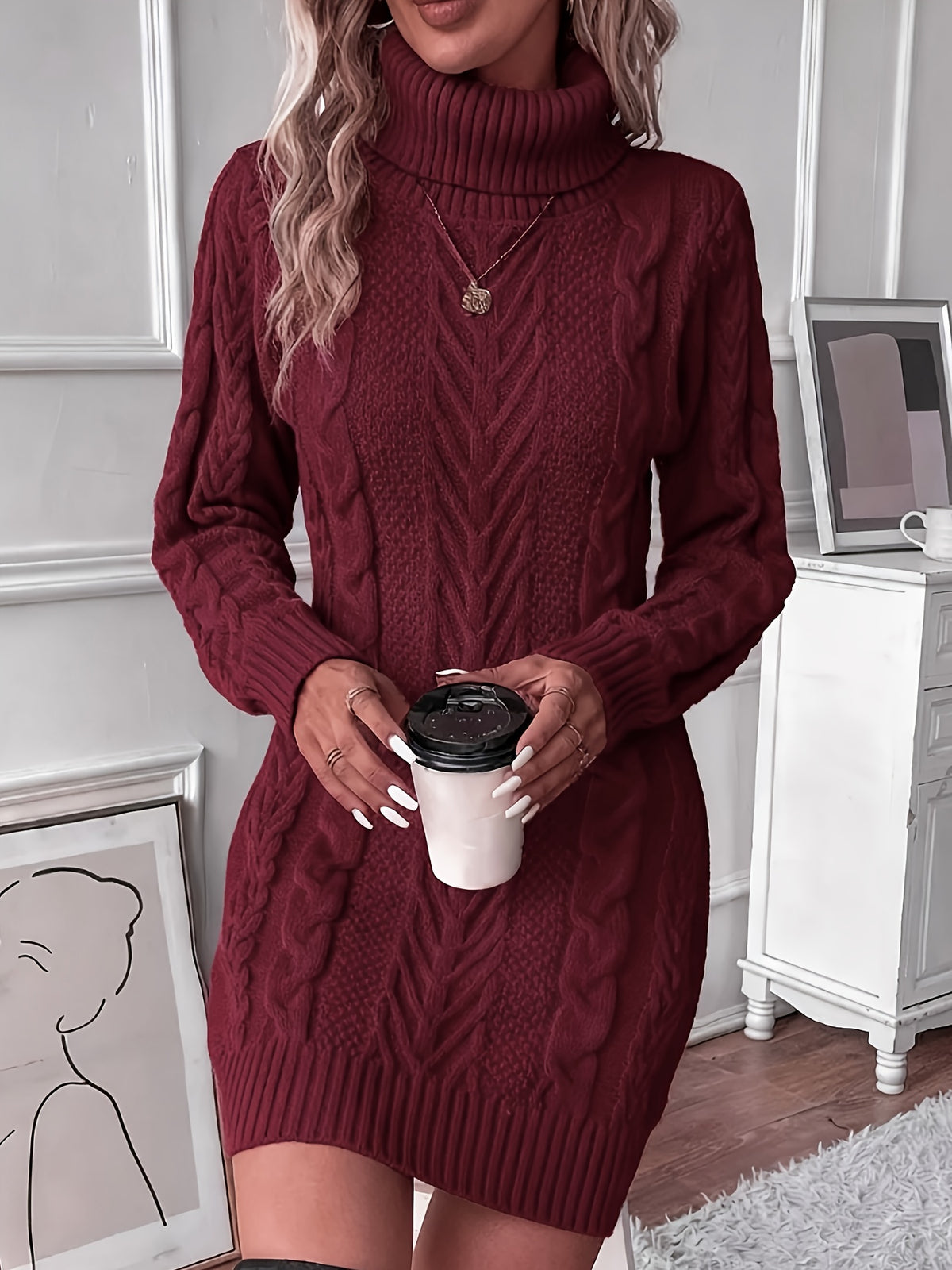 Kristin | Damen Zopfmuster Strickkleid mit Rollkragen