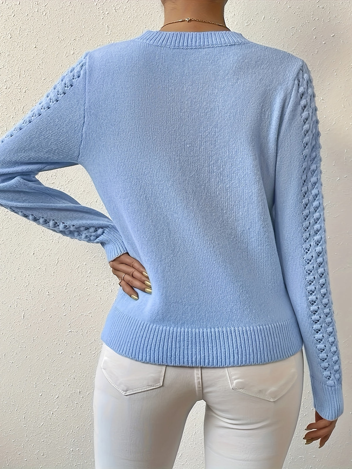 Karolina | Damen Strickpullover mit Lochmuster Ajour, Hellblau