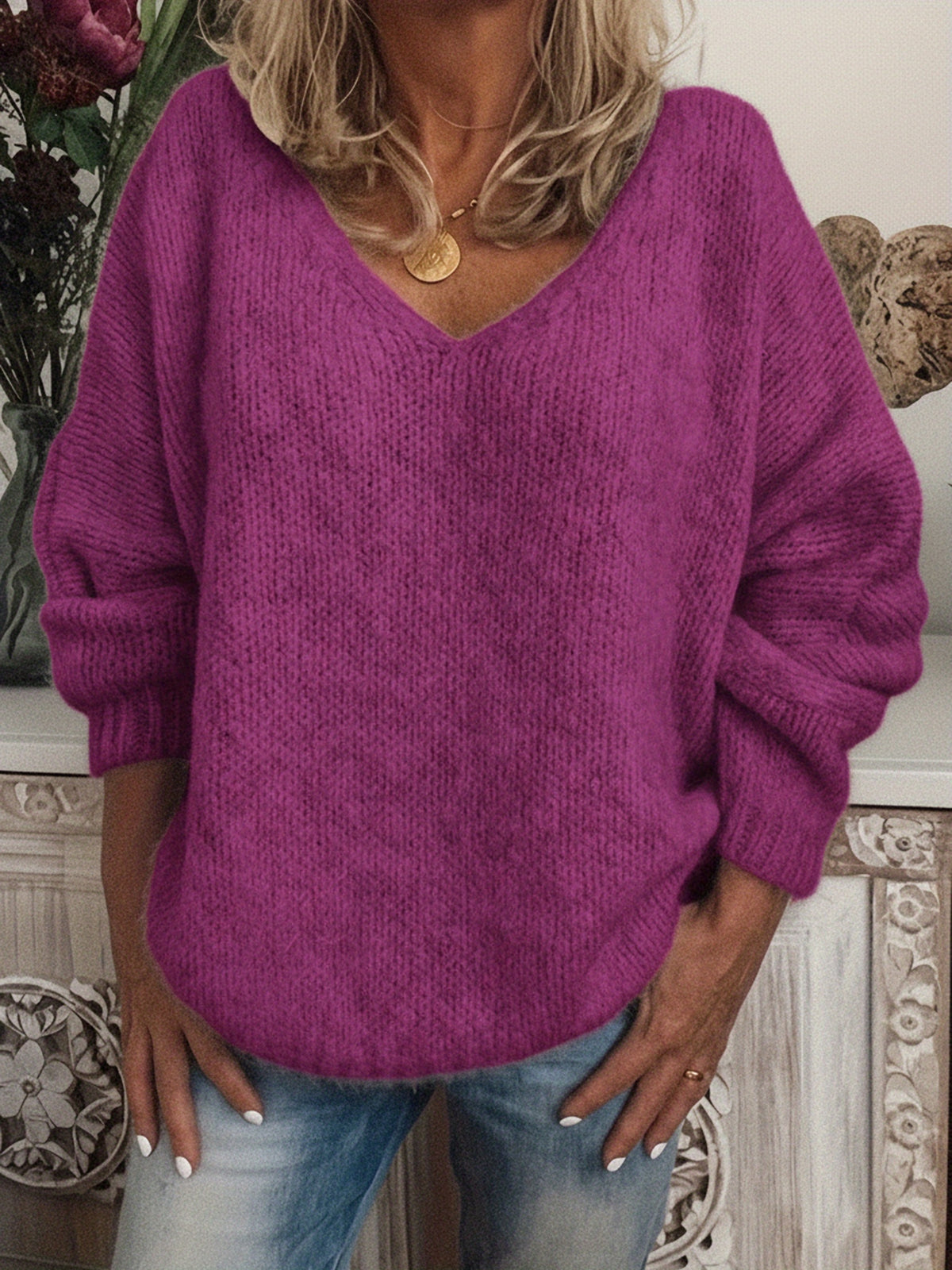 Julia | Damen Oversized Strickpullover mit V-Ausschnitt