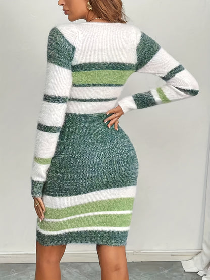 Lidewij | Damen Strickkleid Colorblock Streifen Rückenschlitz