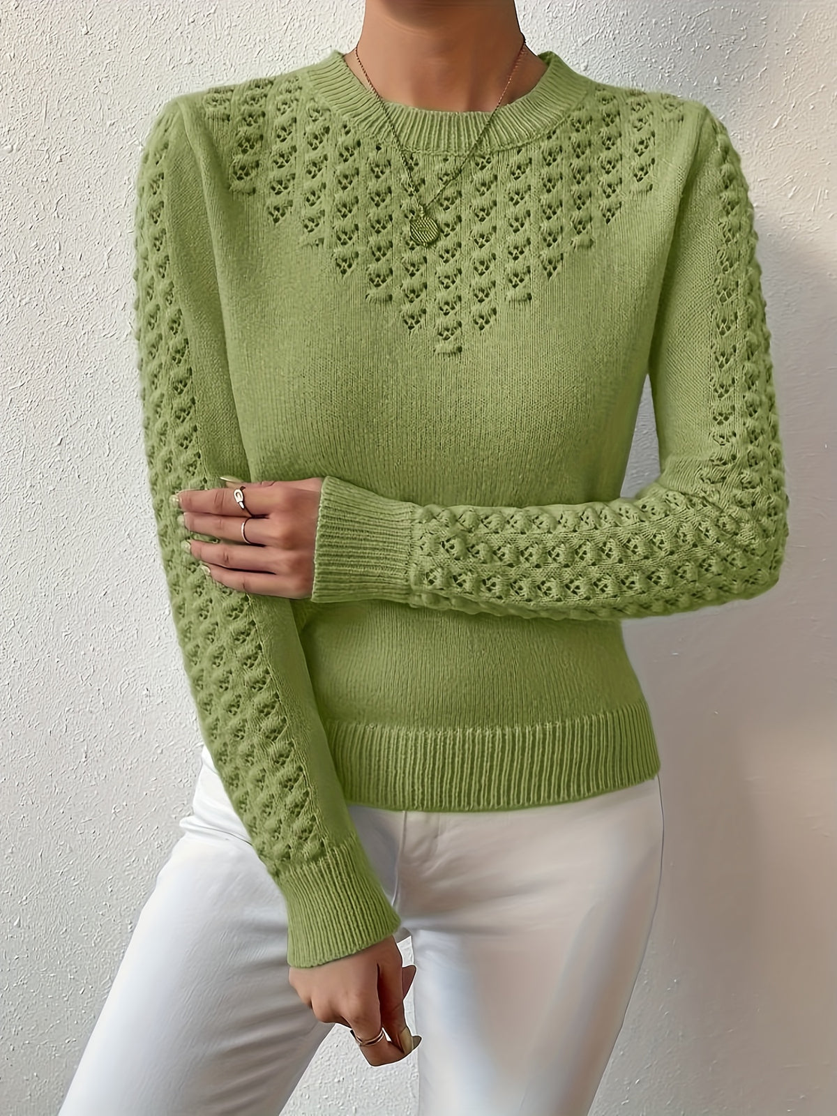 Karolina | Damen Strickpullover mit Lochmuster Ajour, Hellblau
