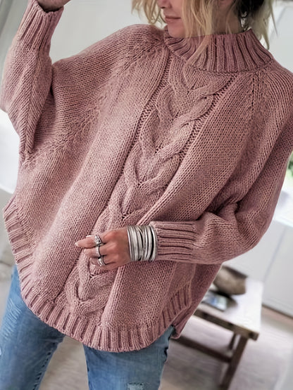 Isadora | Damen Zopfmuster Pullover mit Stehkragen Oversized